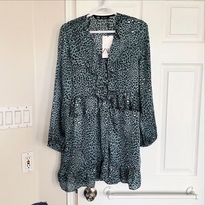 Zara Satiny Ruffle Leopard Print Long Sleeve Dress